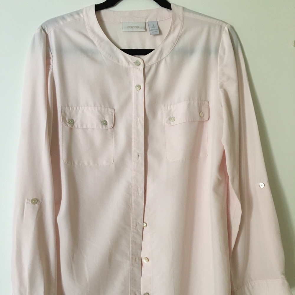 Chico's light pink roll sleeve camp shirt.